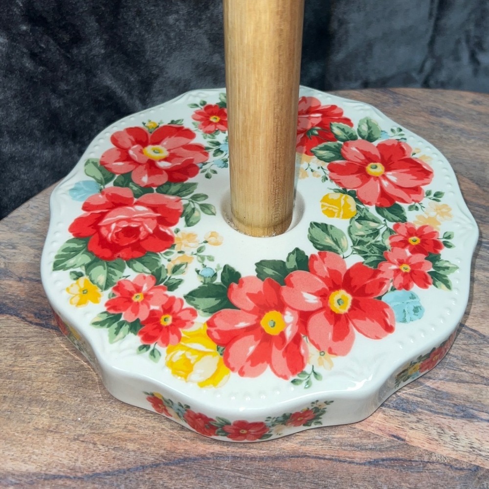 Pioneer Woman Vintage Floral Stoneware Paper Towel Holder Wood Spindle Finial